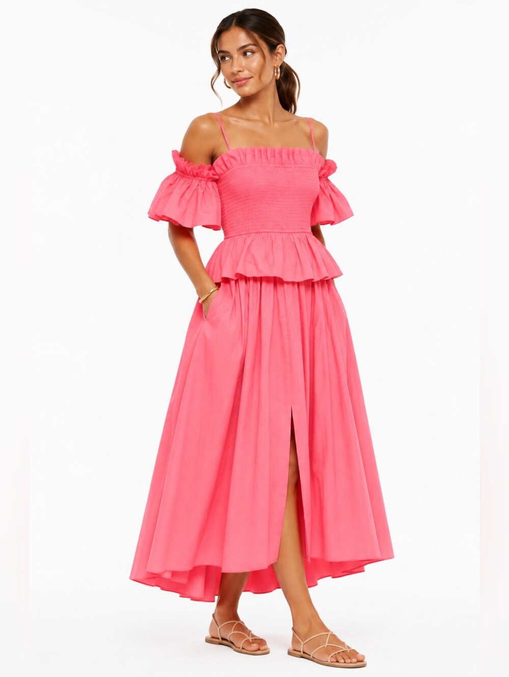NWT Toccin Coral Smocked Off Shoulder Cotton Midi Dress M Ruffle Front Slit $495